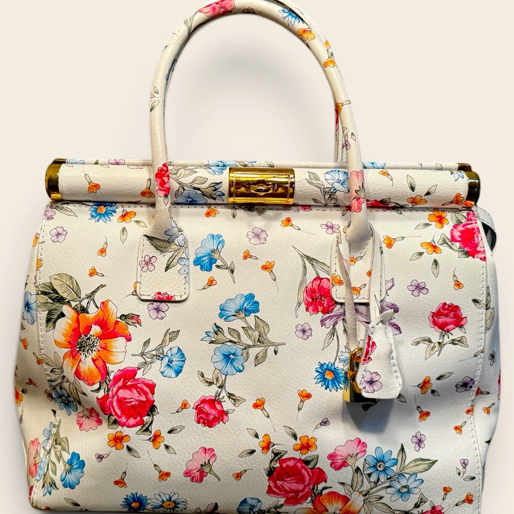 Floral Print White Top-Handle Tote Bag